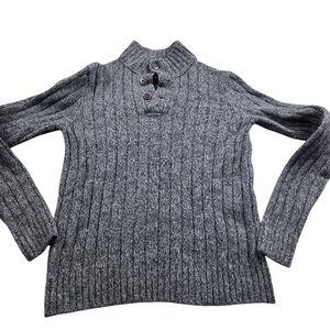 Eddie Bauer Sweater Mens Large Tall Gray Henley Ribbed Wool Blend Preppy